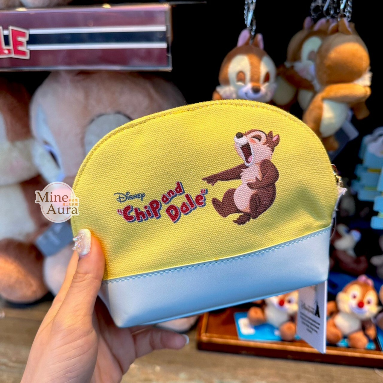 奇奇蒂蒂 Chip 'n Dale 雙面圖案 黃藍拚色 收納包 化妝包 -香港迪士尼樂園