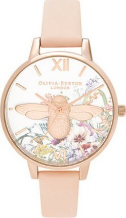 萬年鐘錶 -  Olivia Burton  藝術時尚 Enchanted Garden系列  淡玫瑰金殼魔法花園3D大蜜蜂白面蜜桃粉皮帶女錶  OB16EG151  錶徑34MM