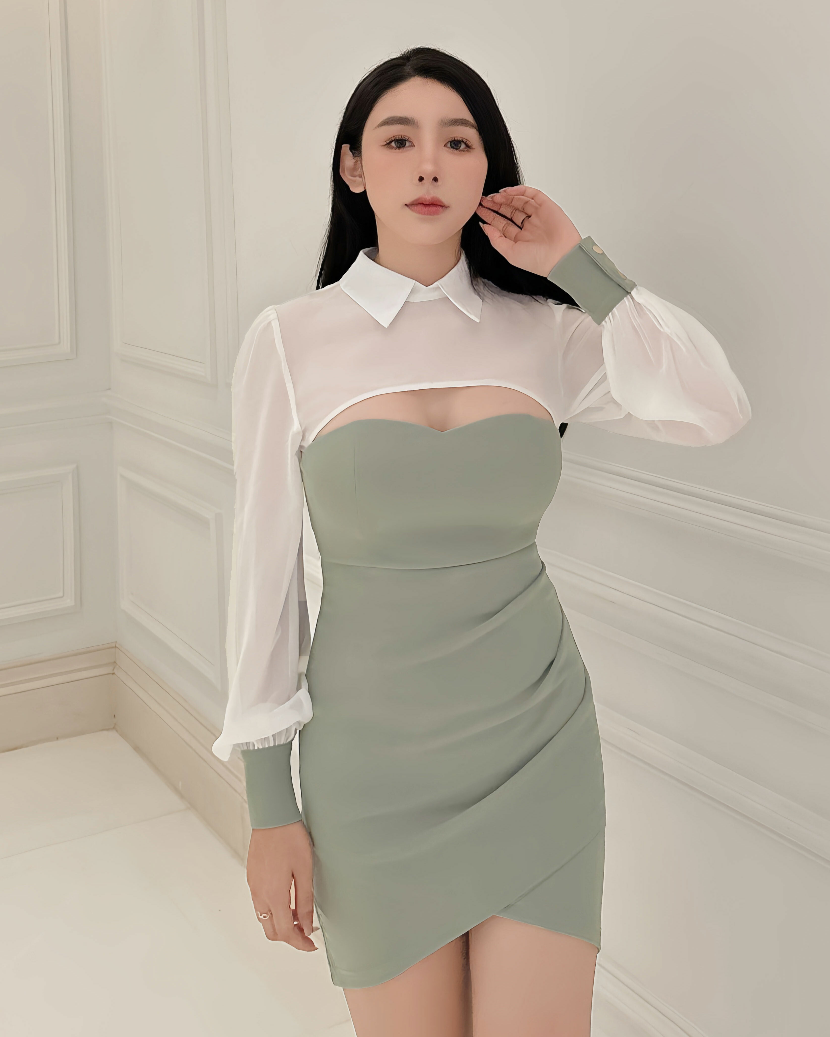 ⭒訂製-性感拼接襯衫挖胸抓皺洋