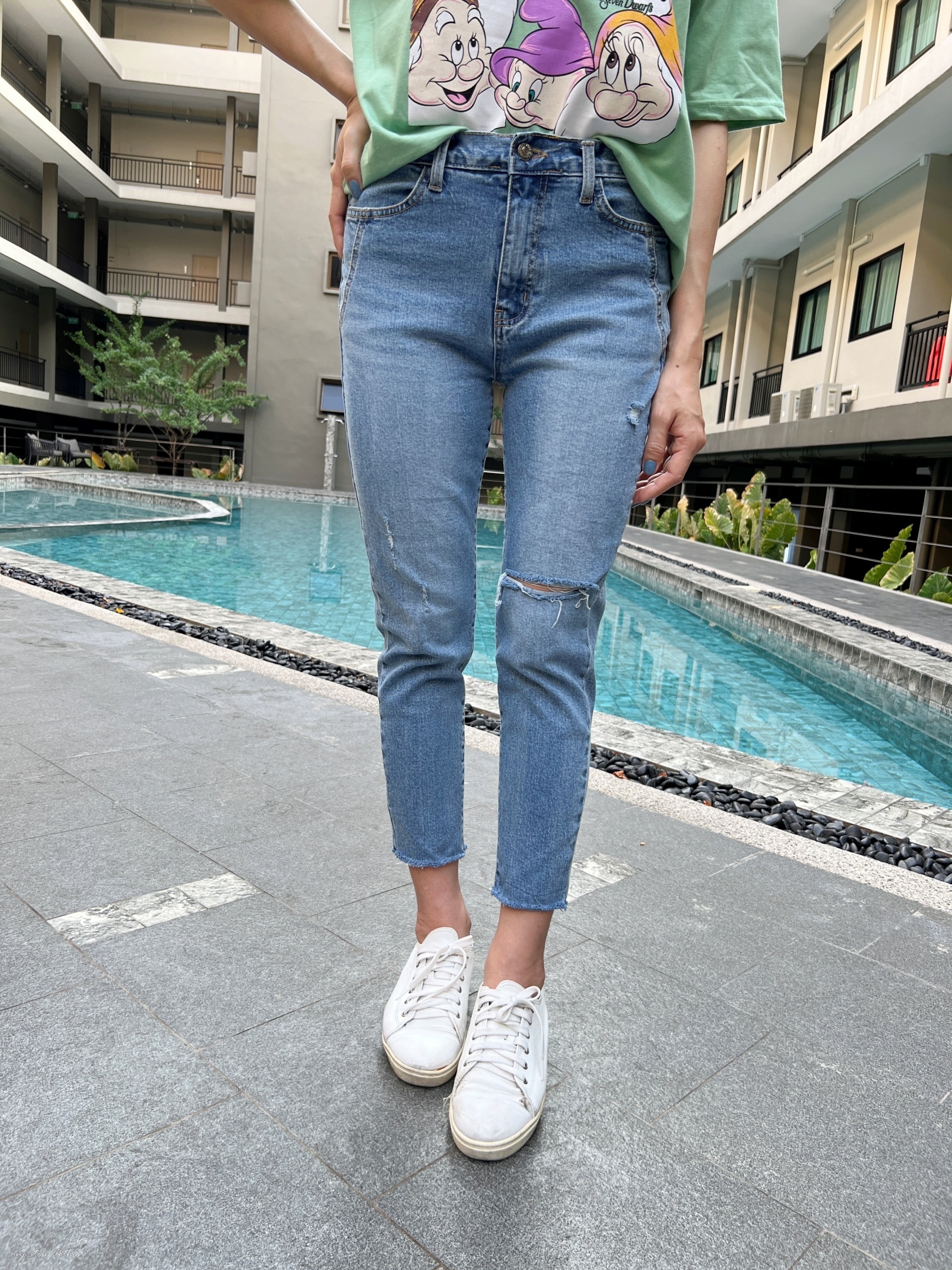 正韓Crush圓弧口袋刷破後鬆緊小直筒