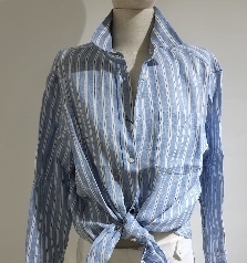 【M】Weekend Negozi 粉藍/白條黑線麻質恤