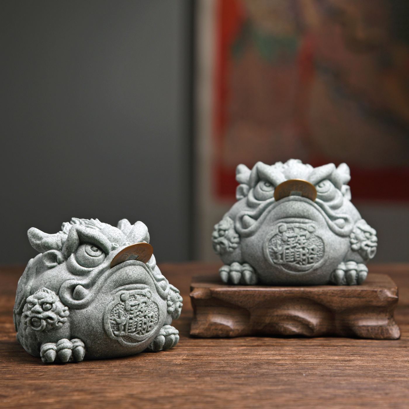 傳藝工坊- 『招財臨門Q版蟾蜍』祥獸青砂石塑
