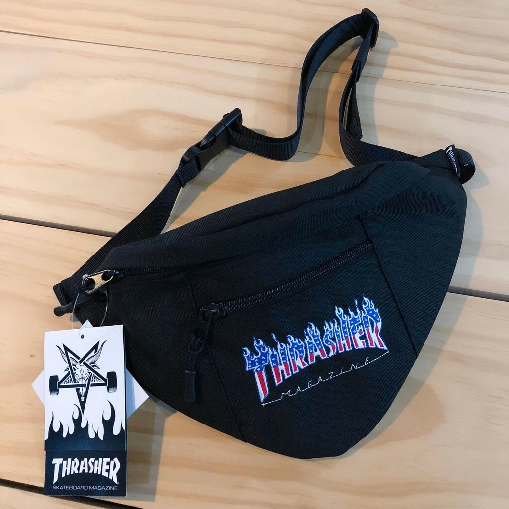 ☆ETW☆【EASY TO WEAR】日線 THRASHER FLAME PATRIOT BAG 刺繡 美國 愛國者 腰包 黑色