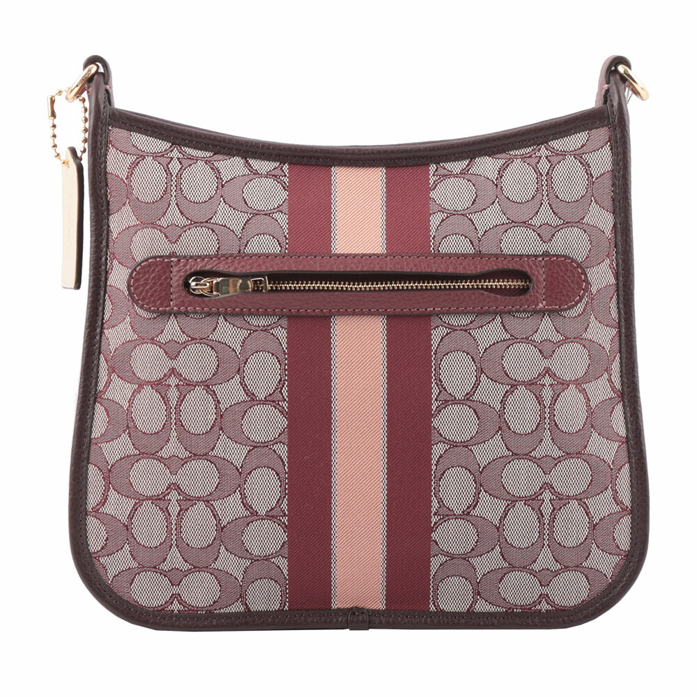 【COACH】Dempsey 緹花拼皮革條紋斜背包(酒紅色)