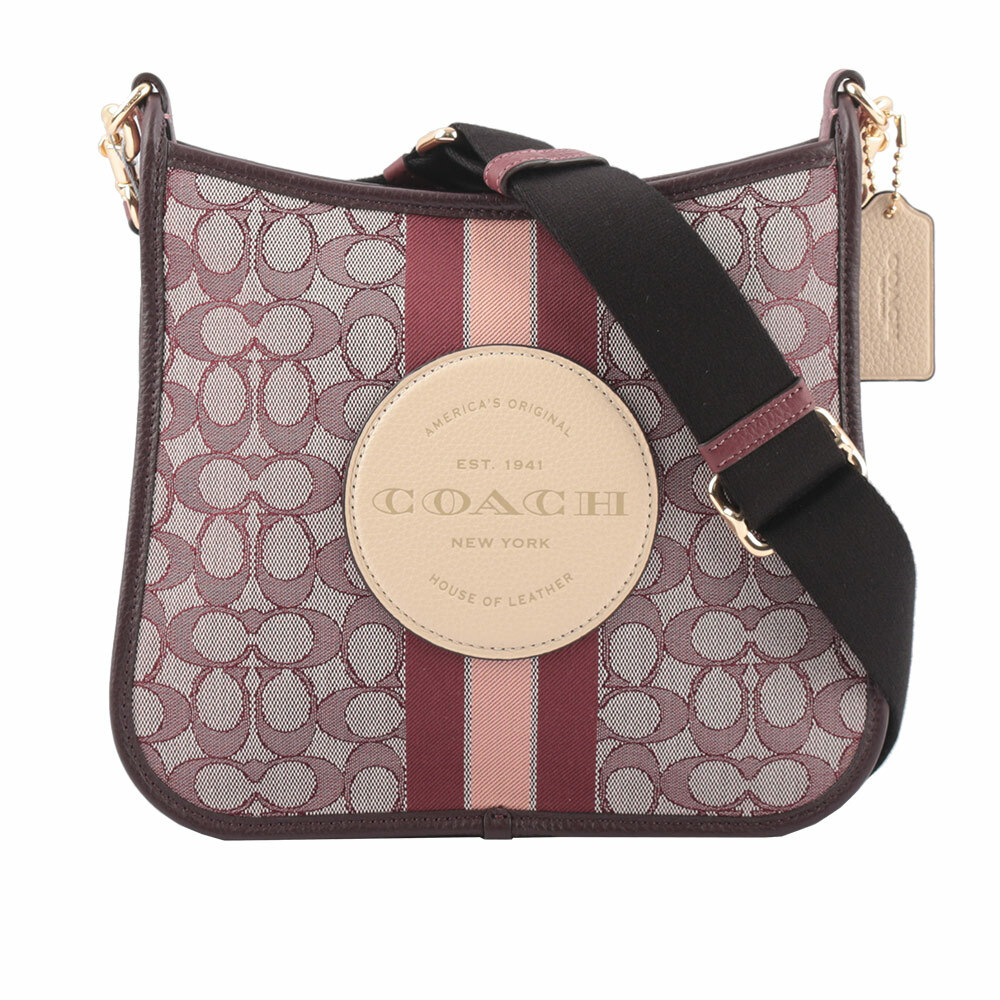 【COACH】Dempsey 緹花拼皮革條紋斜背包(酒紅色)