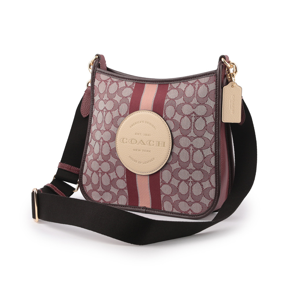 【COACH】Dempsey 緹花拼皮革條紋斜背包(酒紅色)
