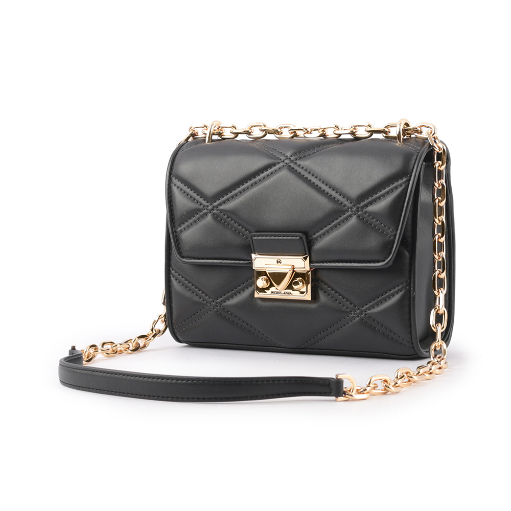【Michael Kors】Serena 縫線菱格紋肩背/斜背鍊包(中款)(黑色)