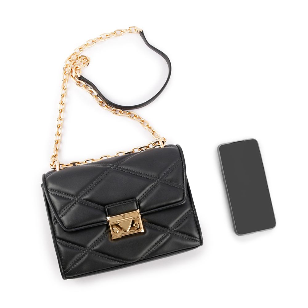 【Michael Kors】Serena 縫線菱格紋肩背/斜背鍊包(中款)(黑色)