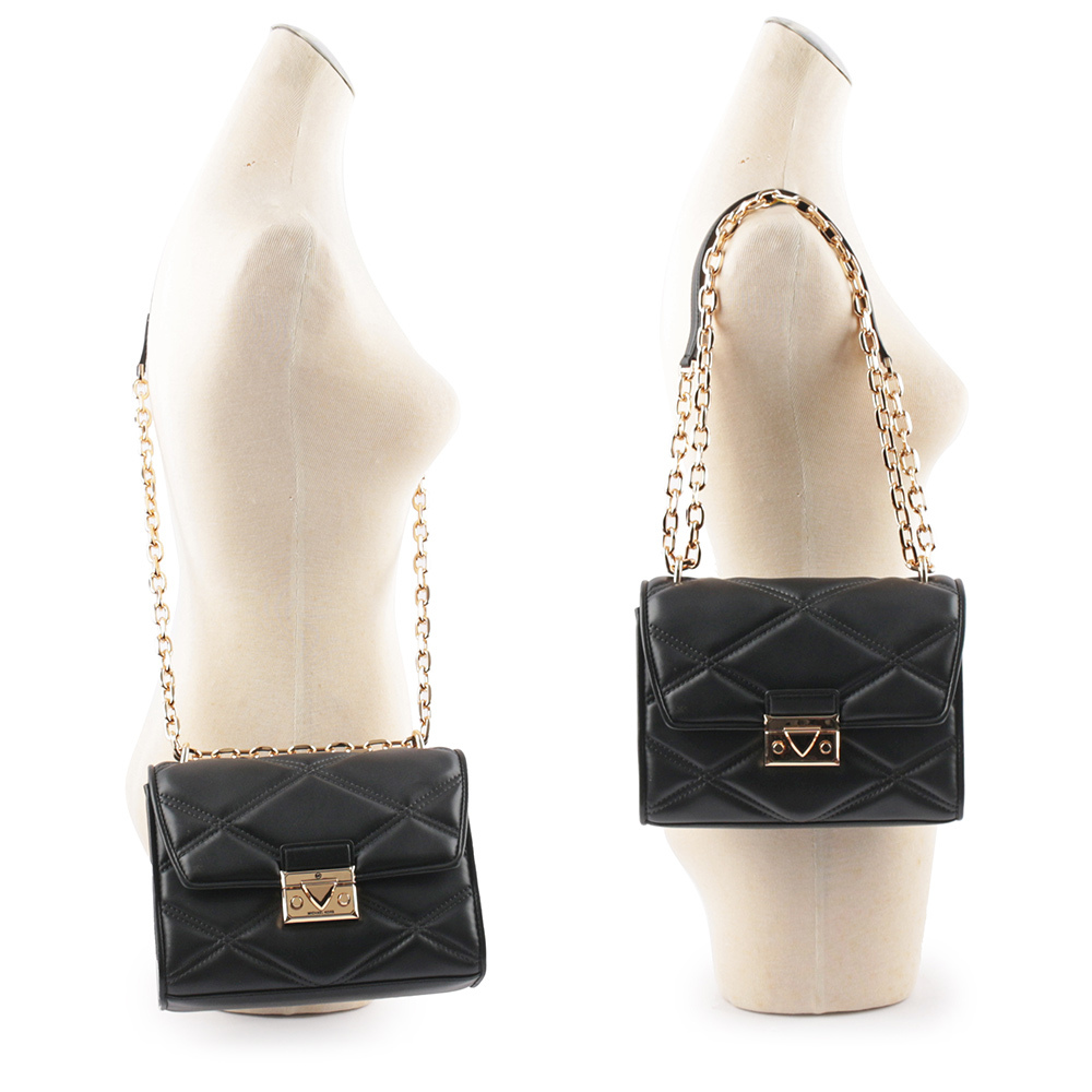 【Michael Kors】Serena 縫線菱格紋肩背/斜背鍊包(中款)(黑色)