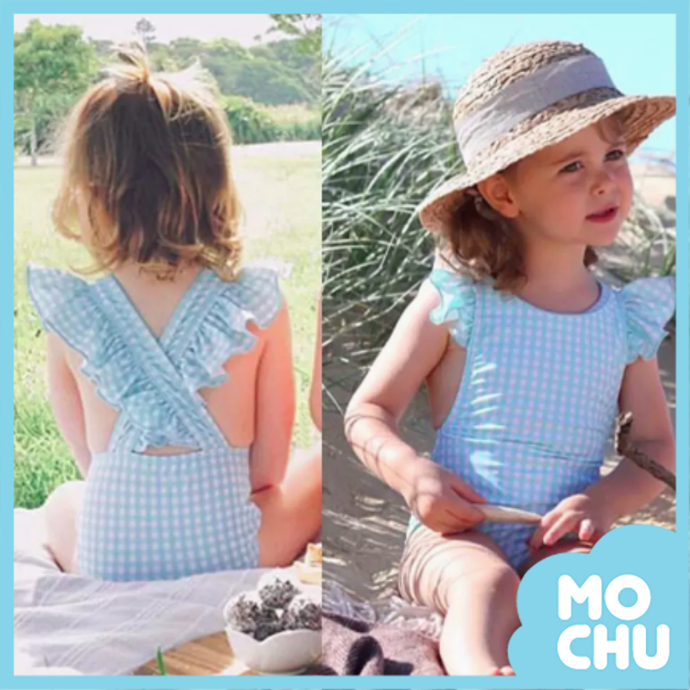 (7碼現貨)藍白格飛袖連身泳裝