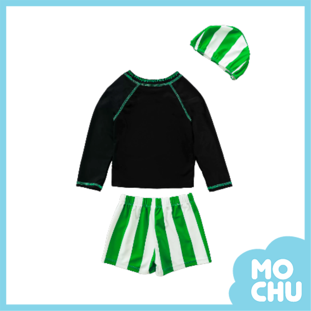 拼色綠條紋長袖泳裝套裝