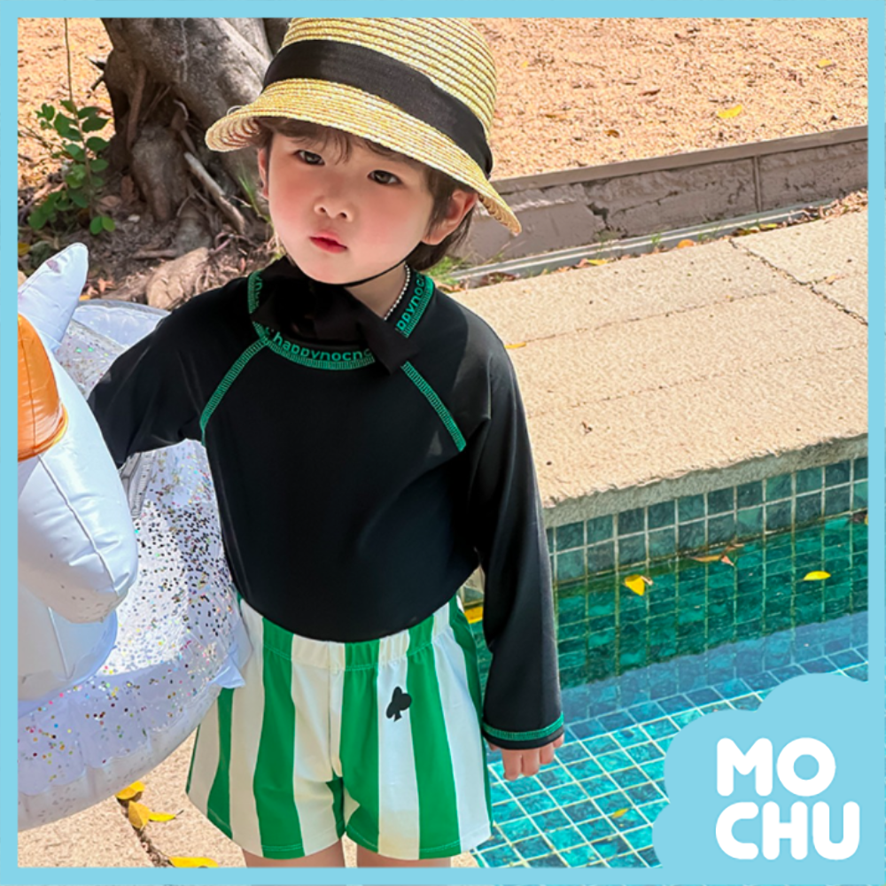 拼色綠條紋長袖泳裝套裝