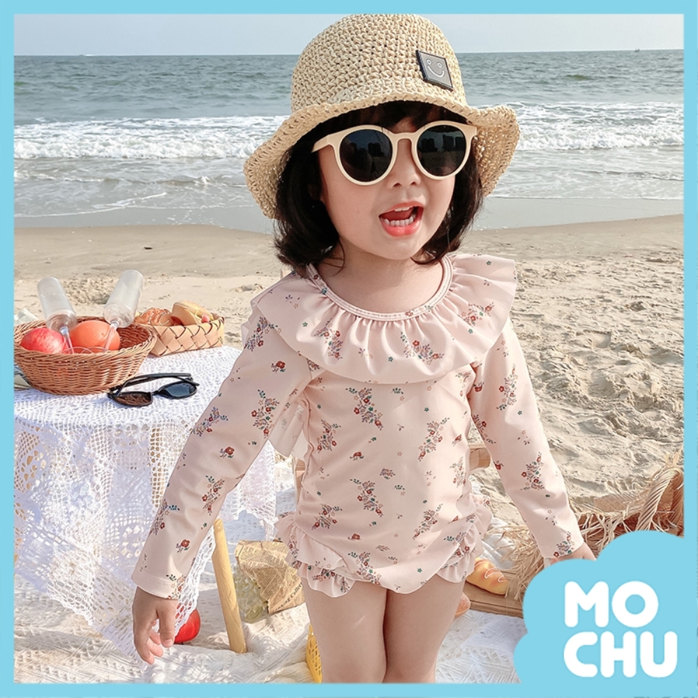 優雅碎花長袖連身泳裝