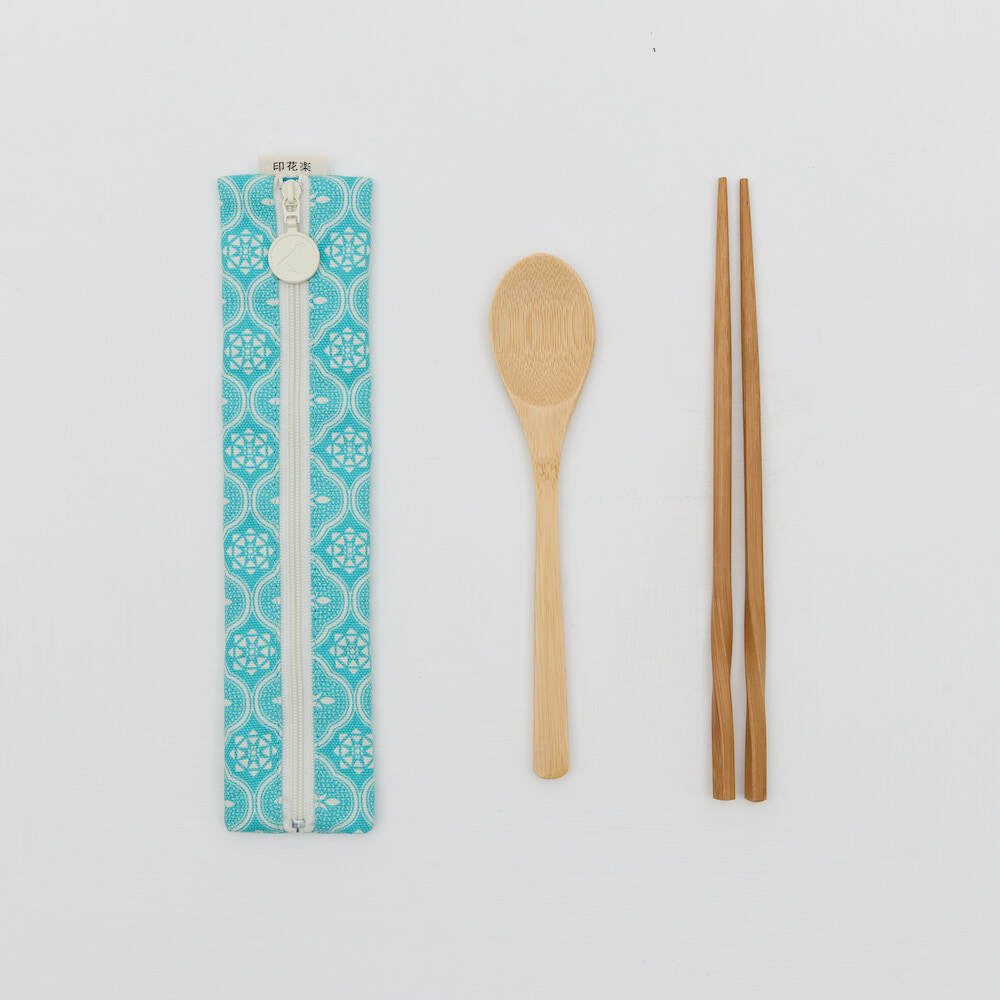 拉鍊餐具袋(含餐具)/玻璃海棠/冰晶藍綠