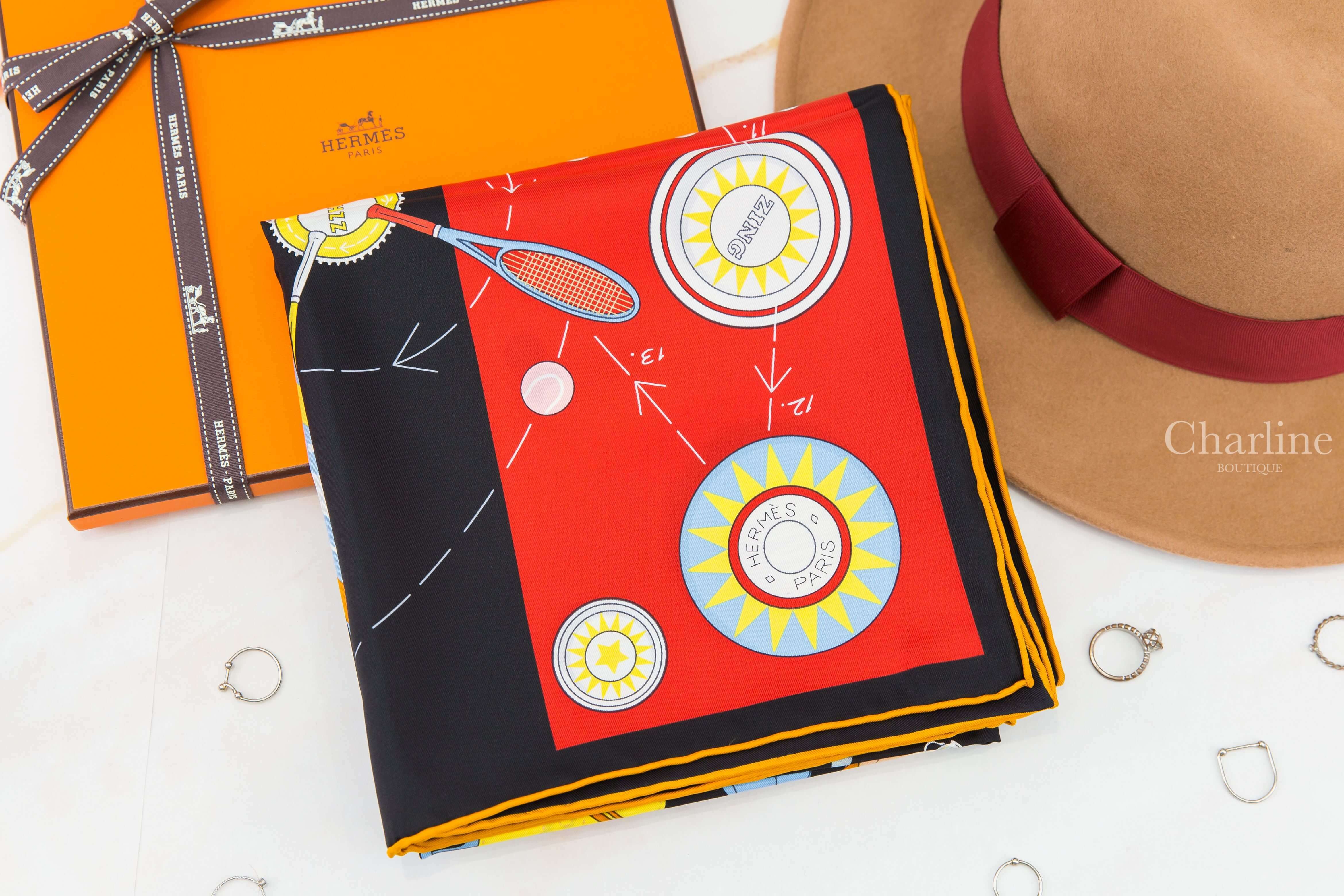 Hermès Tea For Two Scarf 90 黑色/紅色/彩色雙人茶會真絲方巾-Charline Boutique 精品代購