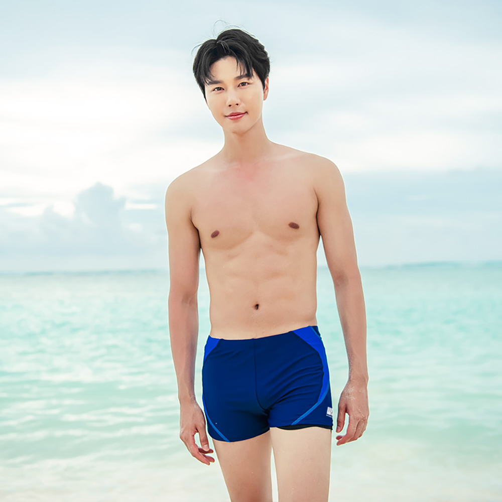 男士簡約拼色平腳泳褲 - 深藍/藍