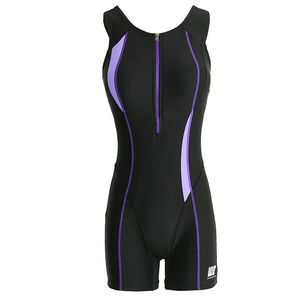 女士拉鍊Y背帶中平腳連身泳衣 - 黑/淺紫