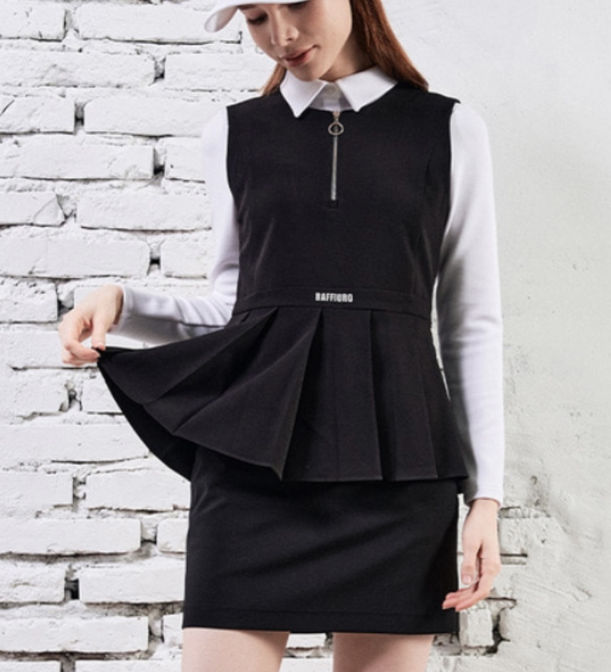 女【現貨】7折起/韓版時尚設計師Raffiuro golf/春天款彈性半拉鍊H線條長版百褶背心/#WM112360
