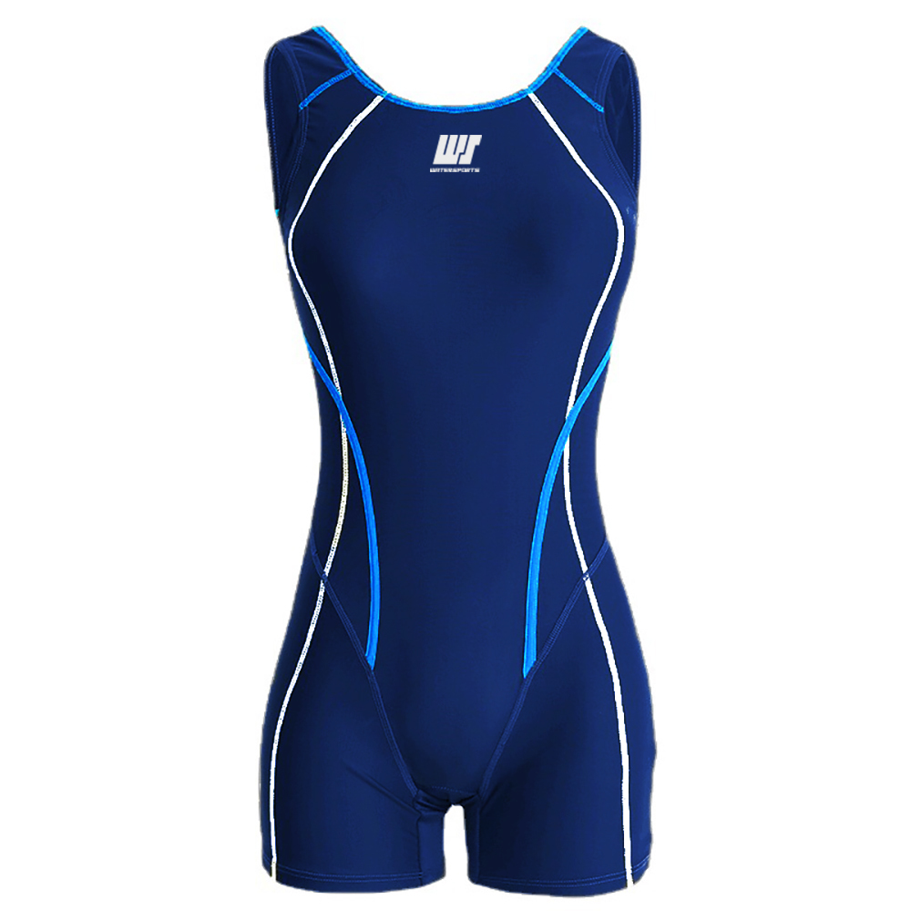 女士拼色U背帶中平腳連身泳衣 - 深藍/藍