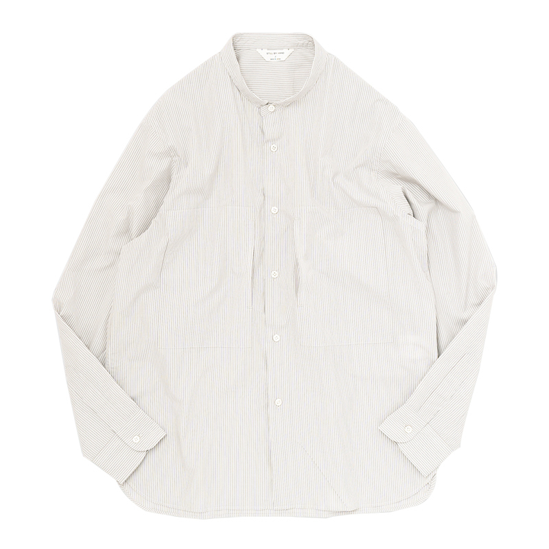 Still By Hand Narrow Collar Striped Shirt Grey Stripe