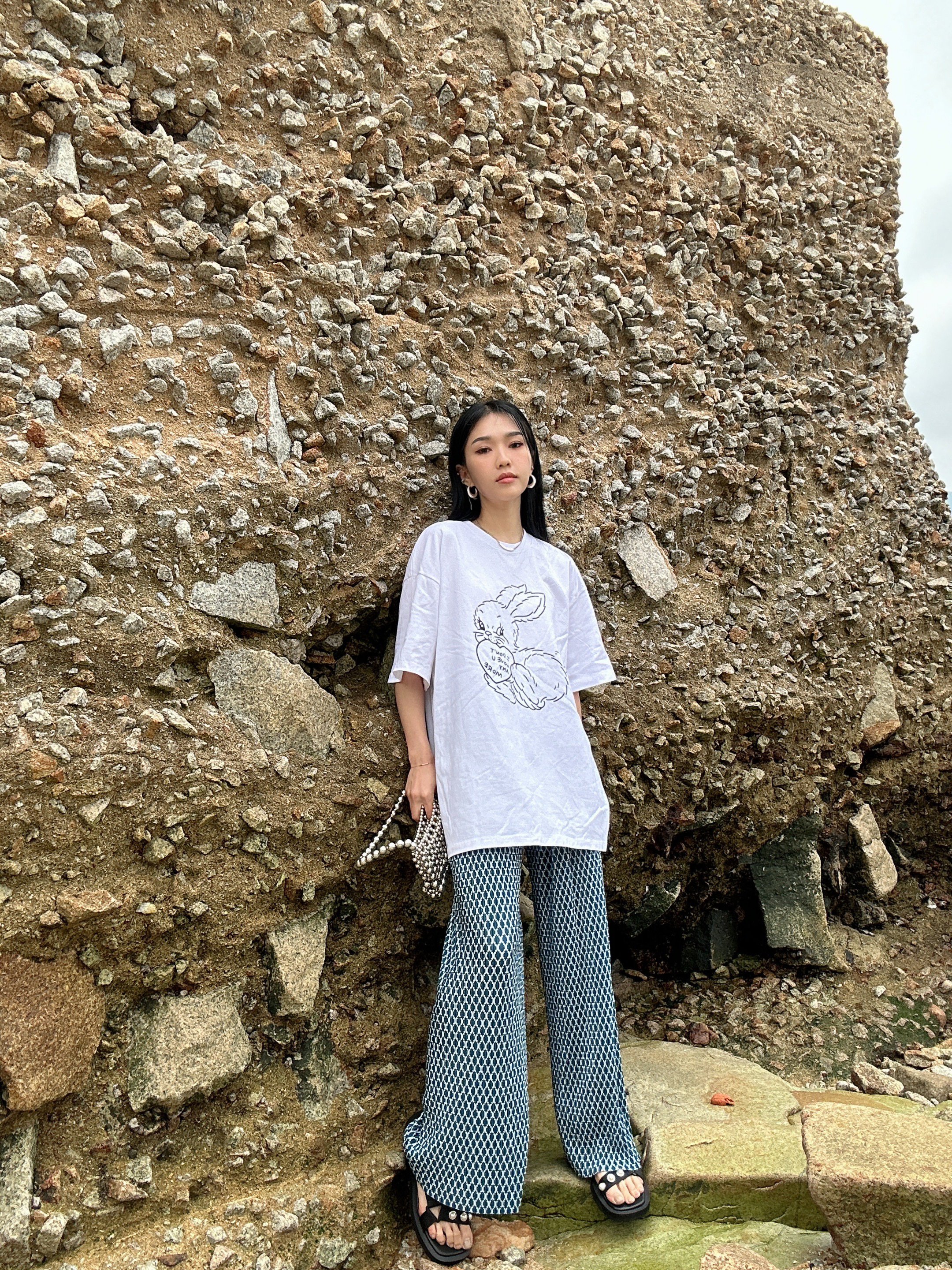 復古印花縐布長褲（現貨款式）