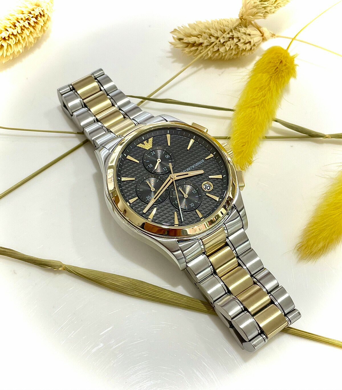 【EMPORIO ARMANI 亞曼尼】紳士經典黑面三眼半金男錶 AR11527 42mm 現代鐘錶