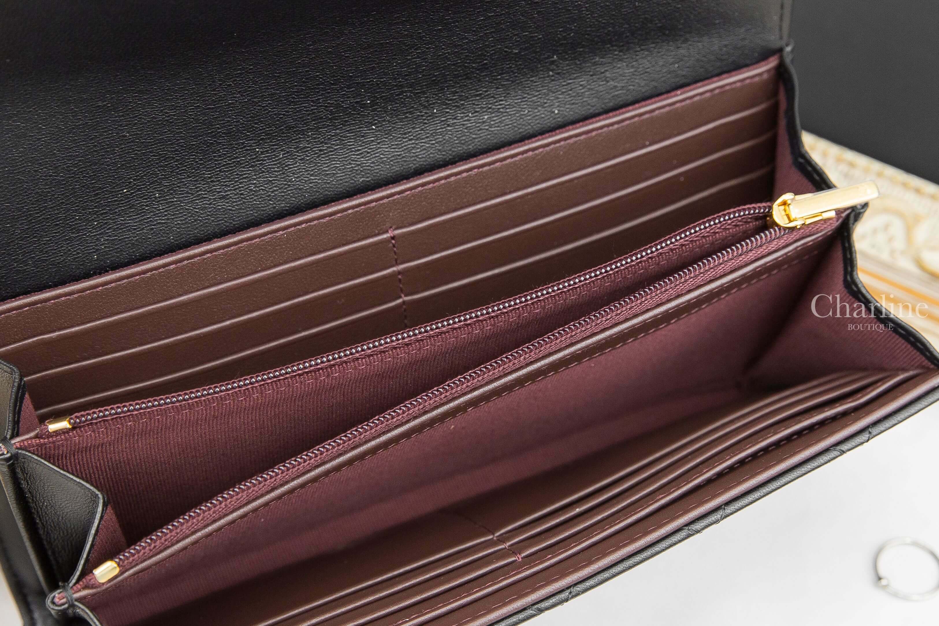 Chanel Classic Long Flap Wallet 黑色金CC小羊皮菱格紋酒紅內裡前釦式長夾-Charline Boutique 精品代購