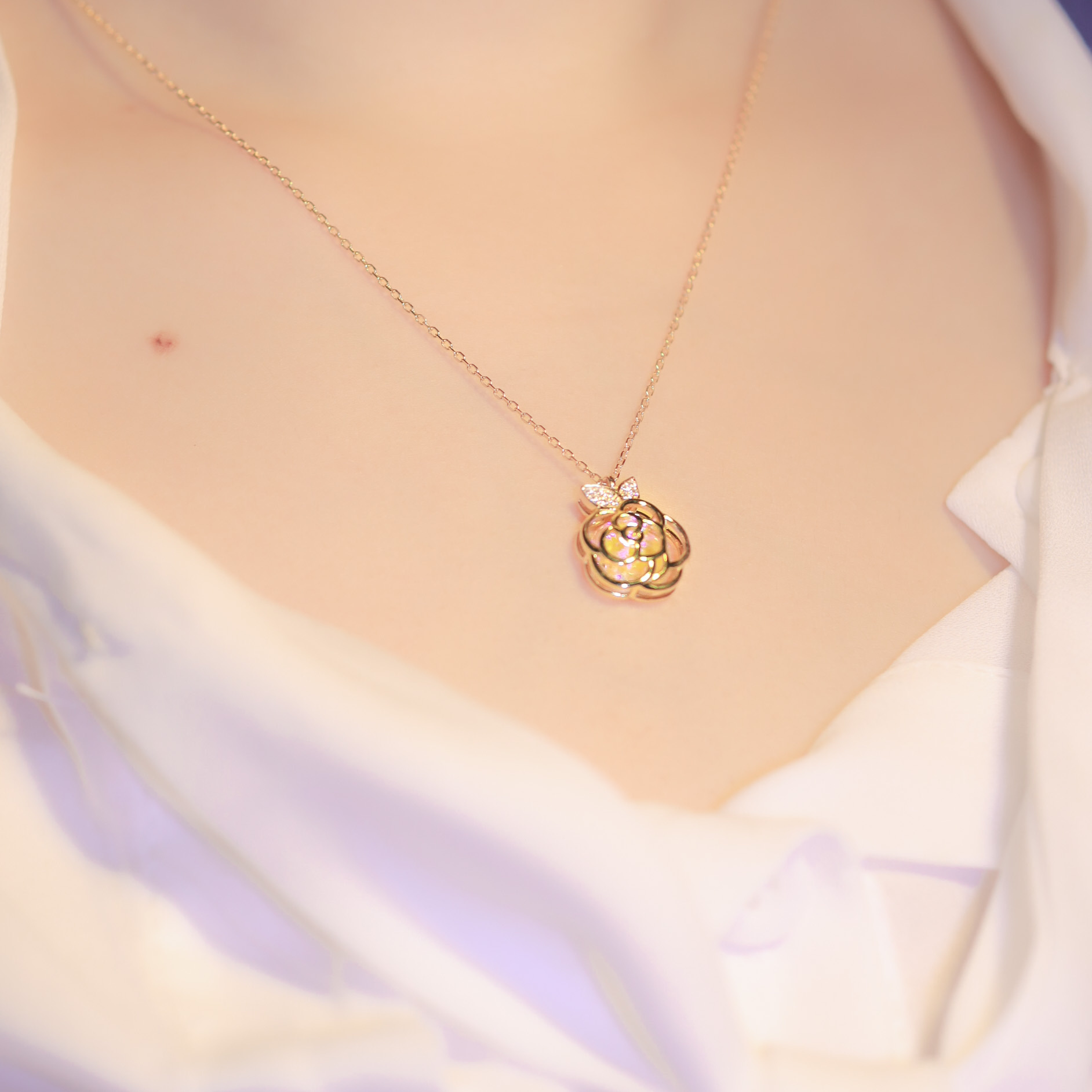 | 925 Silver・White Gold・Champagne Gold・Glaze Stone| Pure Flower Necklace（Silver / Champagne Gold) | NE0507 |