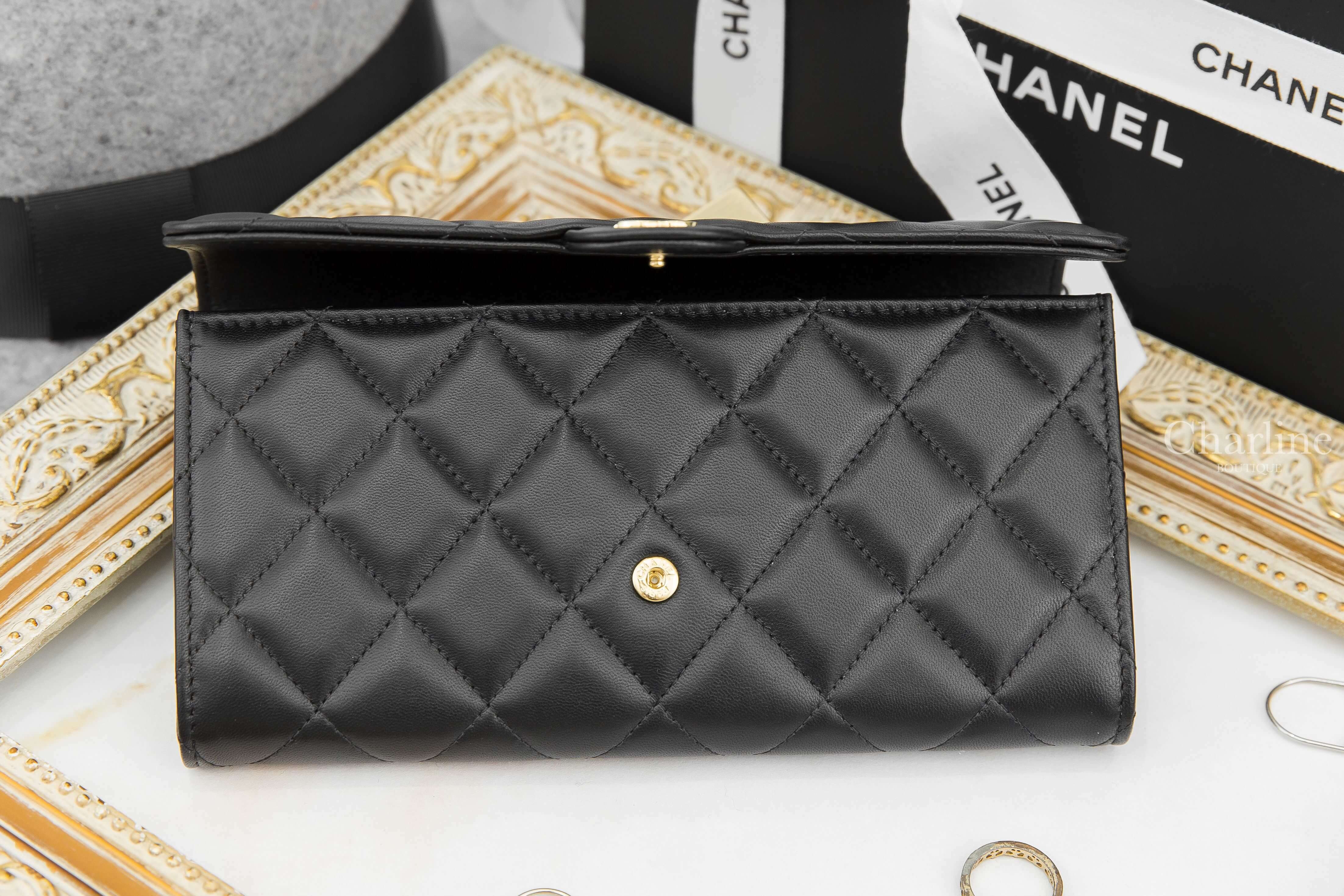 Chanel Classic Long Flap Wallet 黑色金CC小羊皮菱格紋酒紅內裡前釦式長夾-Charline Boutique 精品代購