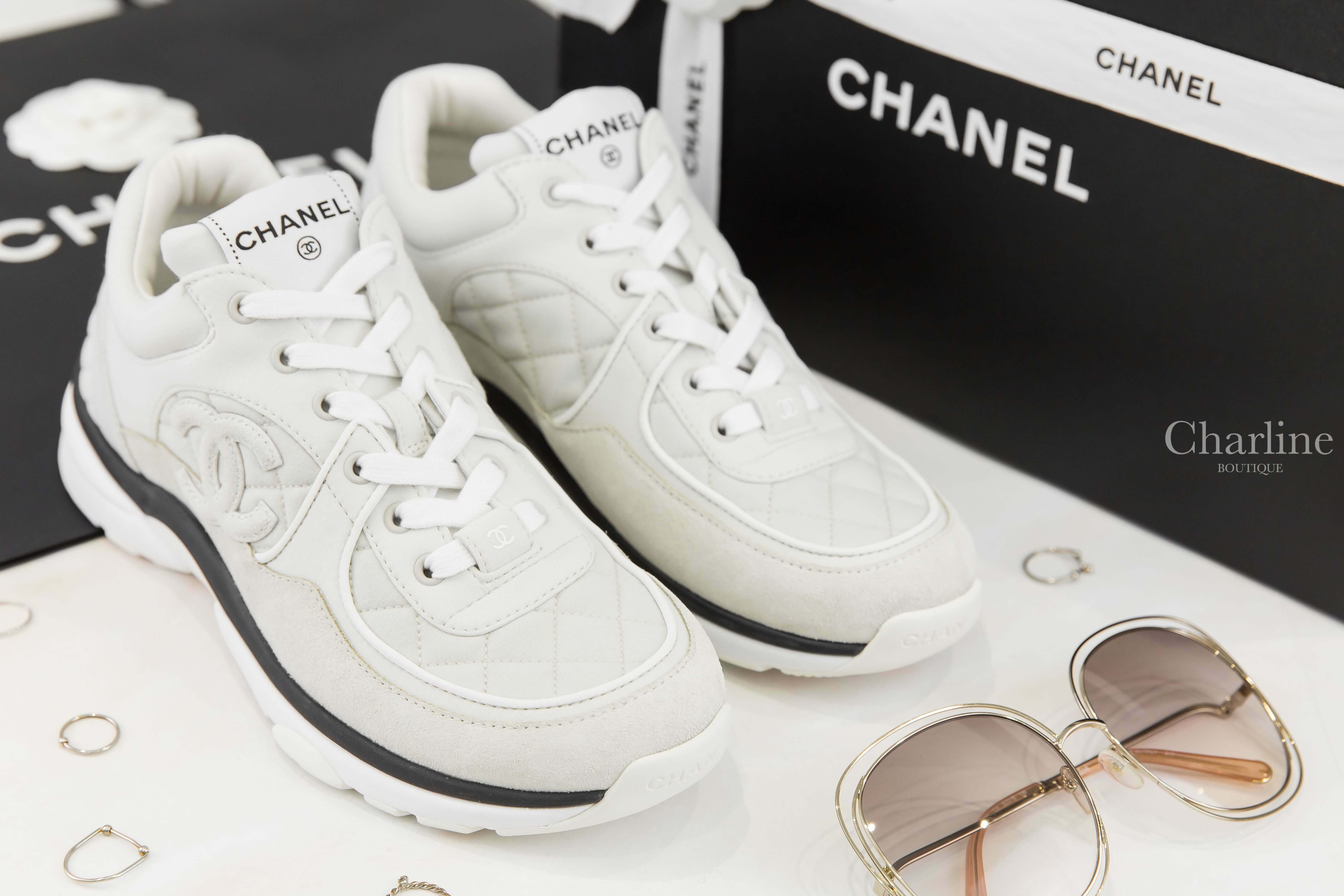 Chanel Trainers 淺灰色菱格紋布面拼麂皮CC小牛皮運動鞋-Charline Boutique 精品代購