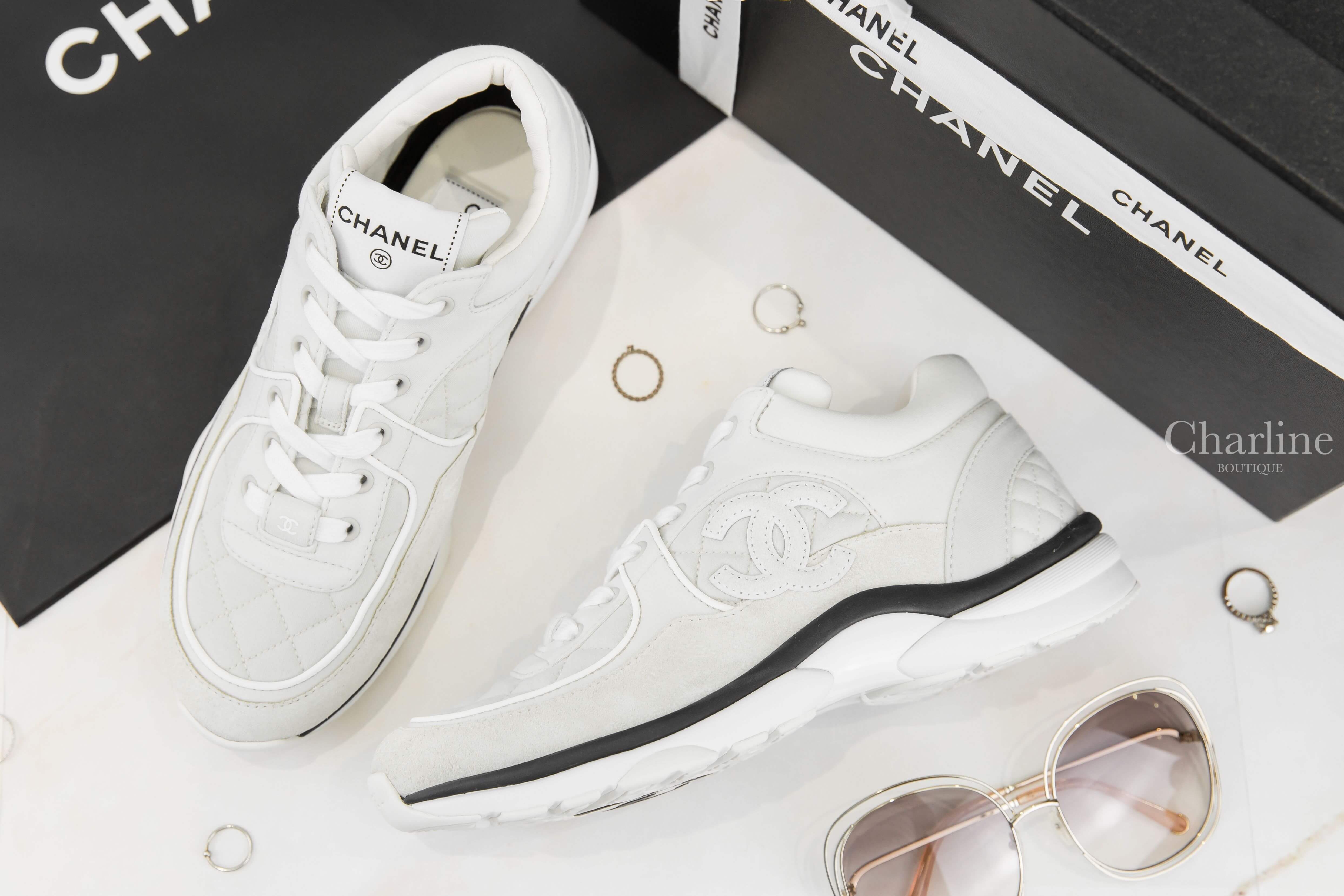 Chanel Trainers 淺灰色菱格紋布面拼麂皮CC小牛皮運動鞋-Charline Boutique 精品代購
