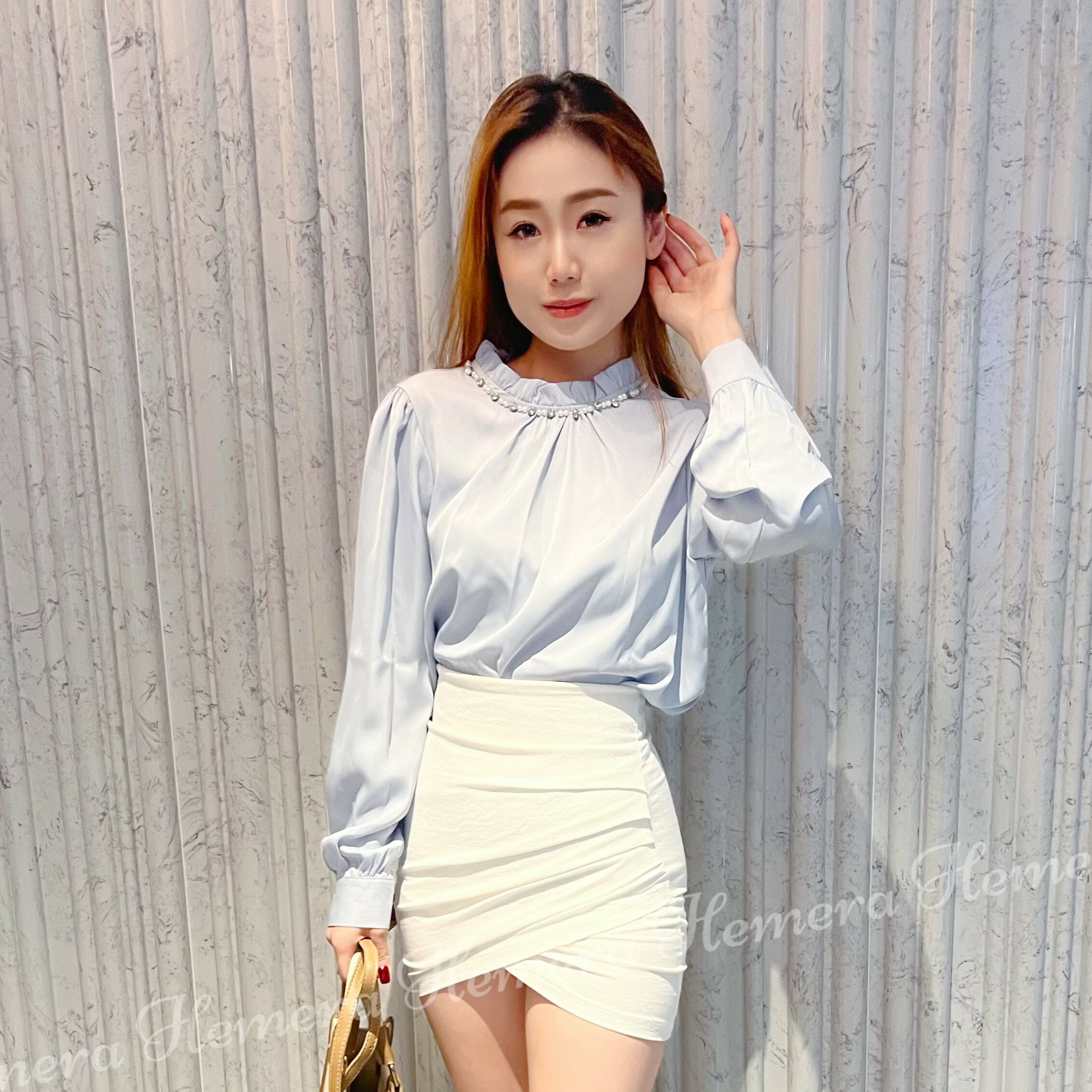 IN STOCK: TP23W0418 絲質荷葉邊閃石衣領柔軟上衣