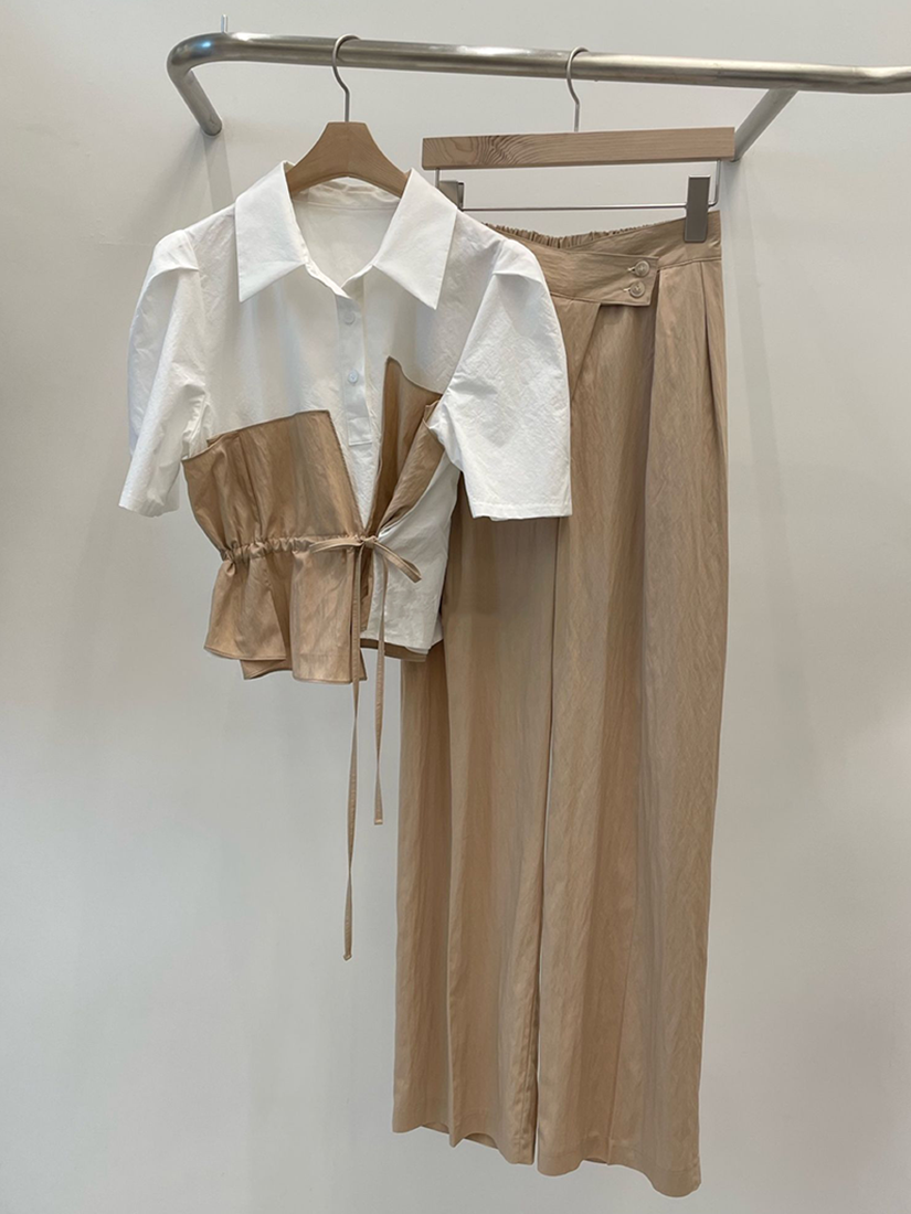 [現貨]拼色質感造型褲裝 [ 卡其色 / Free ]