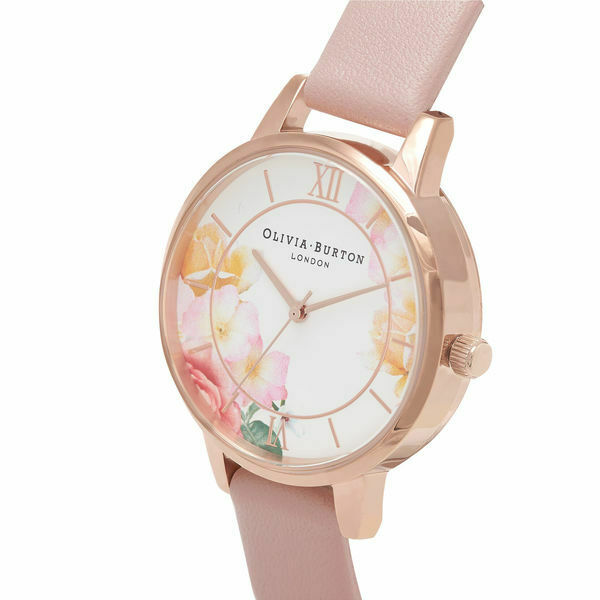 萬年鐘錶 -  Olivia Burton  藝術時尚 Tea Party系列  玫瑰金殼花卉白面粉色皮革錶帶女錶 OB16TP03 錶徑34MM