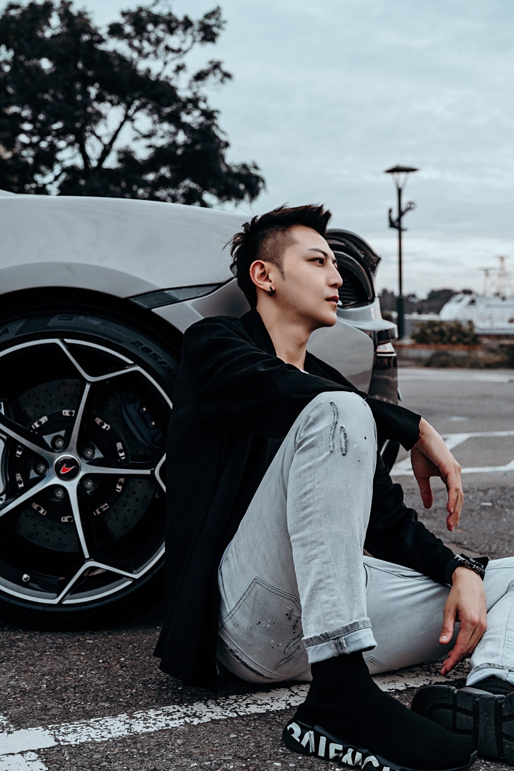 Dark street 灰白潑漆破壞 彈力牛仔褲 A1 B1