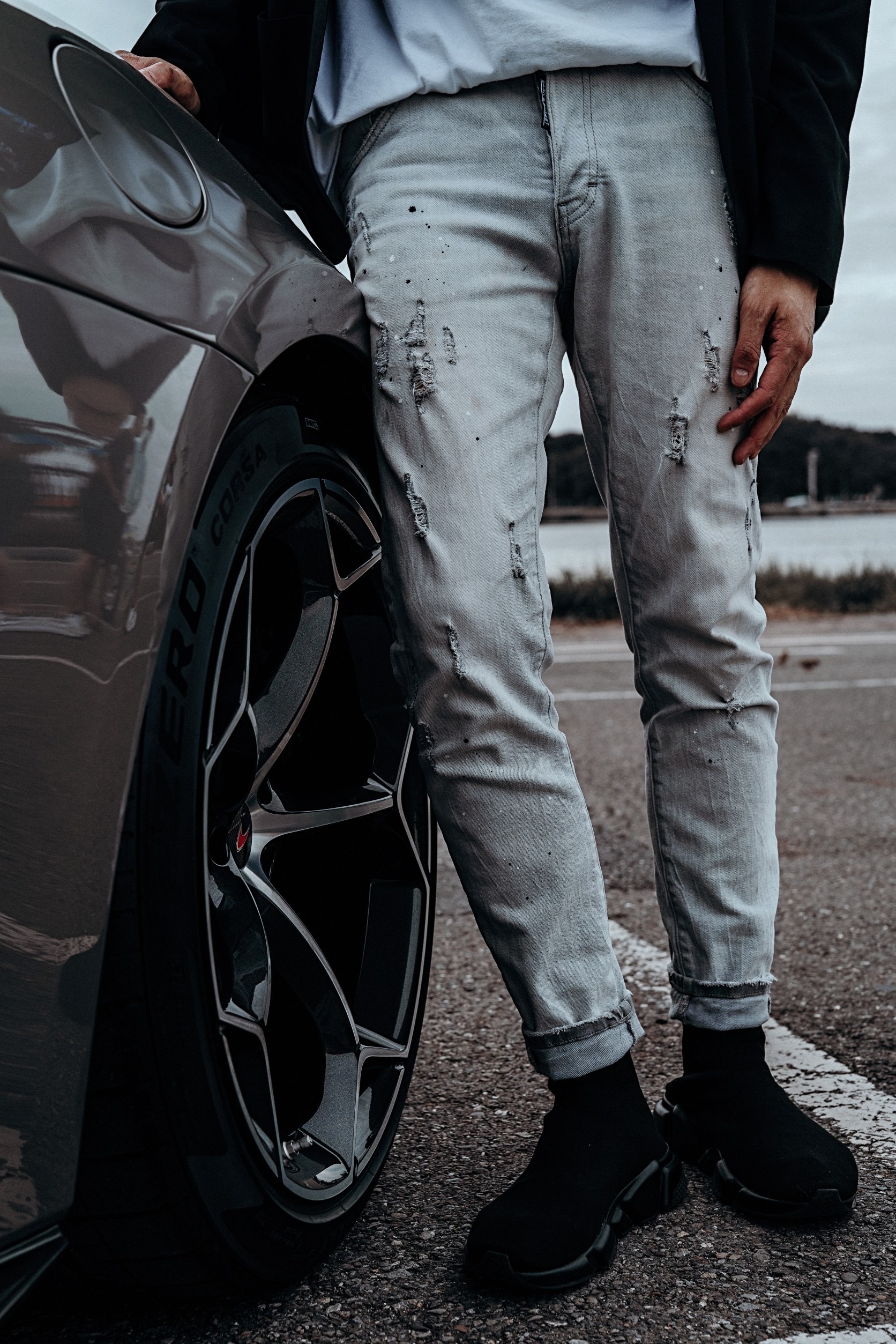 Dark street 灰白潑漆破壞 彈力牛仔褲 A1 B1