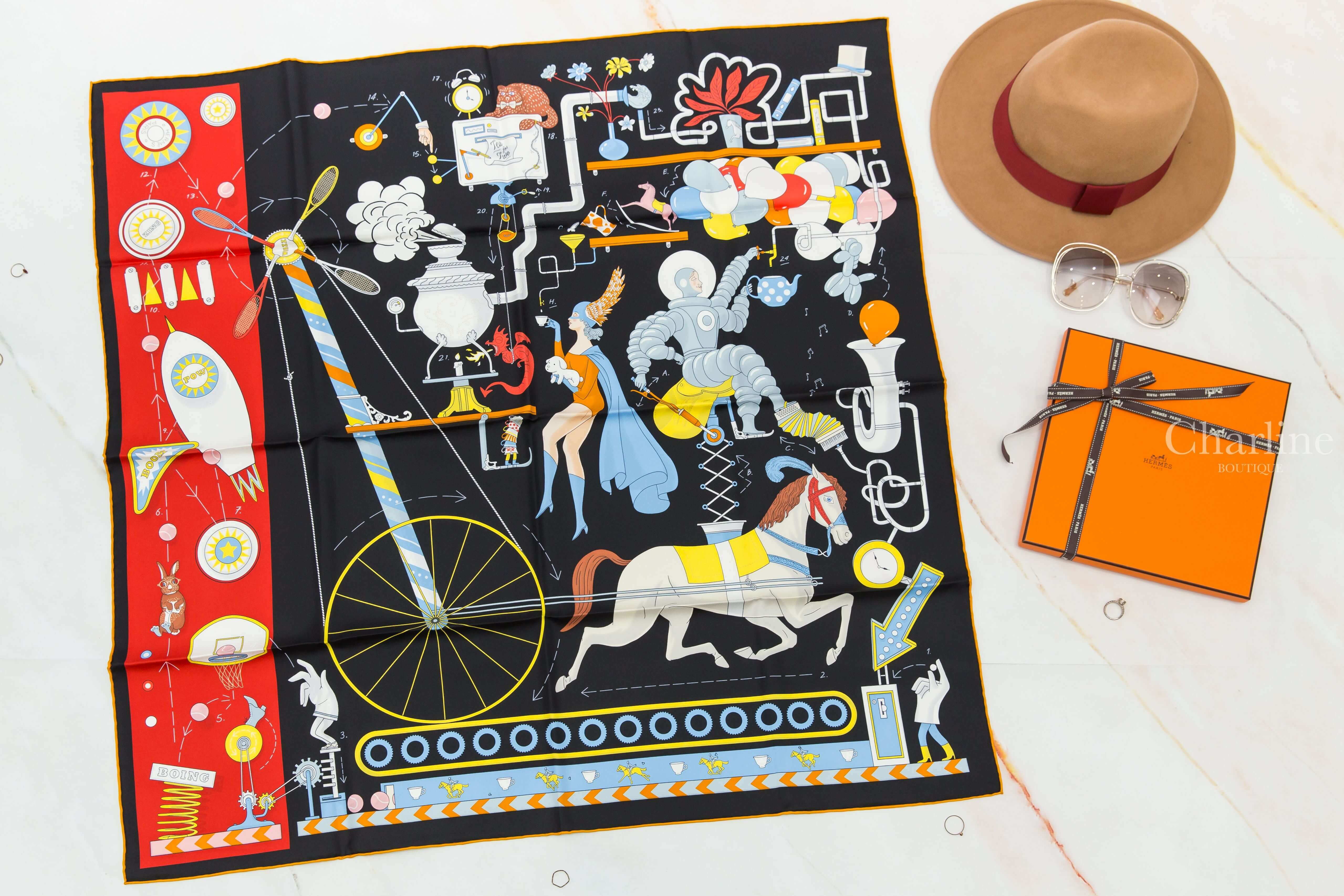 Hermès Tea For Two Scarf 90 黑色/紅色/彩色雙人茶會真絲方巾-Charline Boutique 精品代購