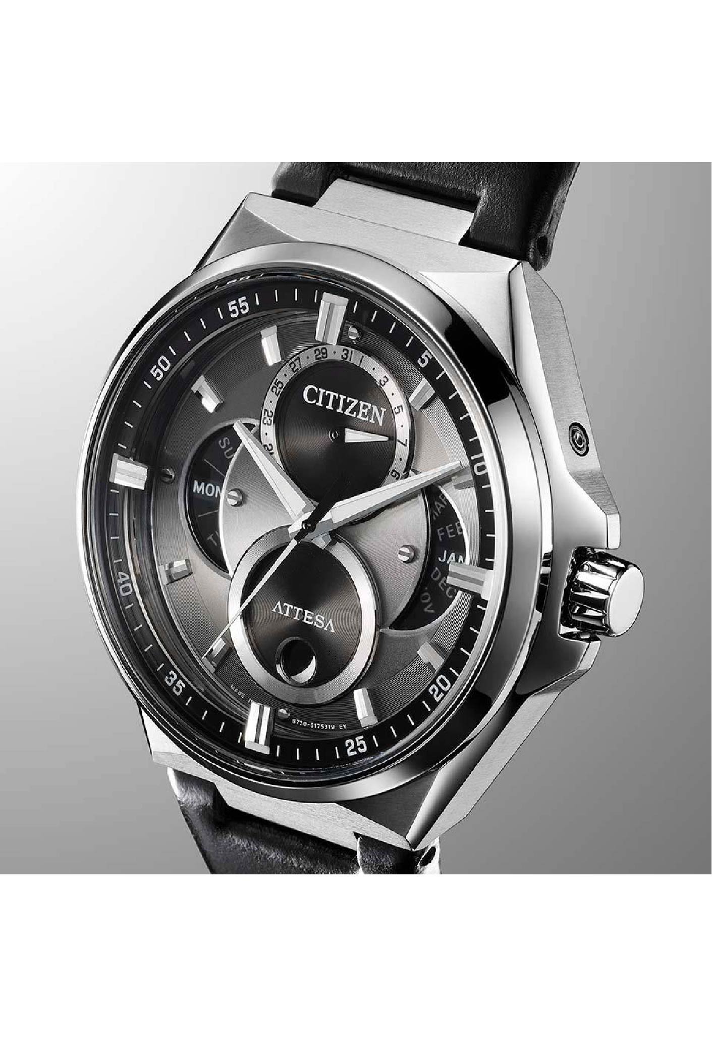 萬年鐘錶- Citizen 星辰錶ATTESA 月象盈虧光動能經典紳士皮革款男錶 