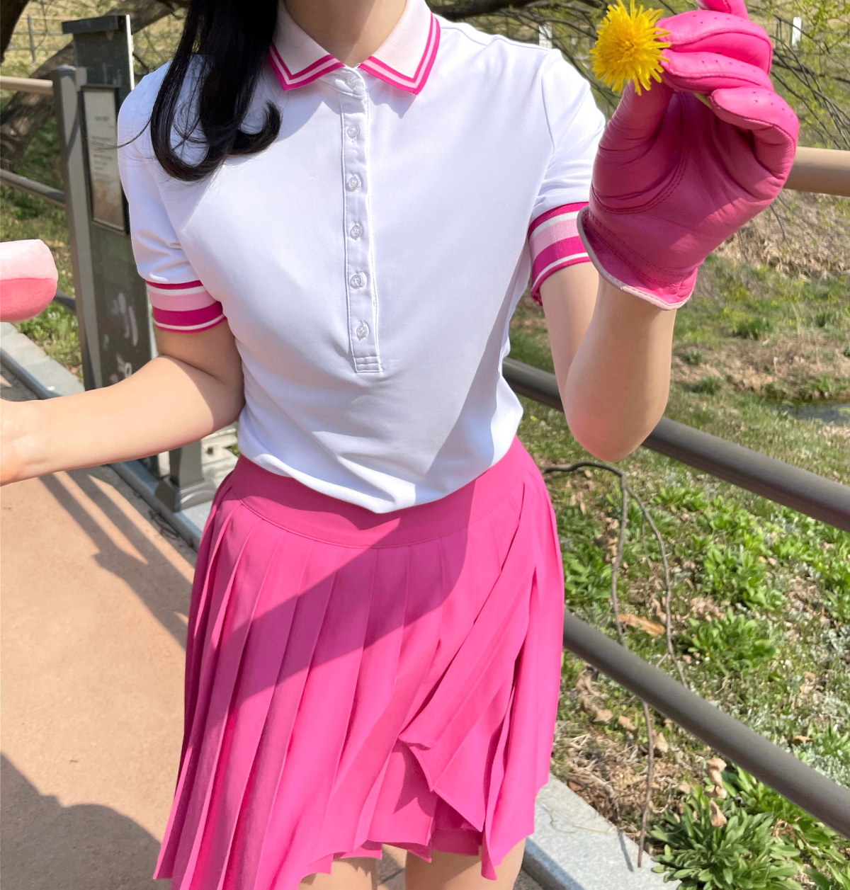 女款 12M/韓國小眾品牌/韓版學院風俏皮雙線條袖口領T 卹/韓風高爾夫球衣