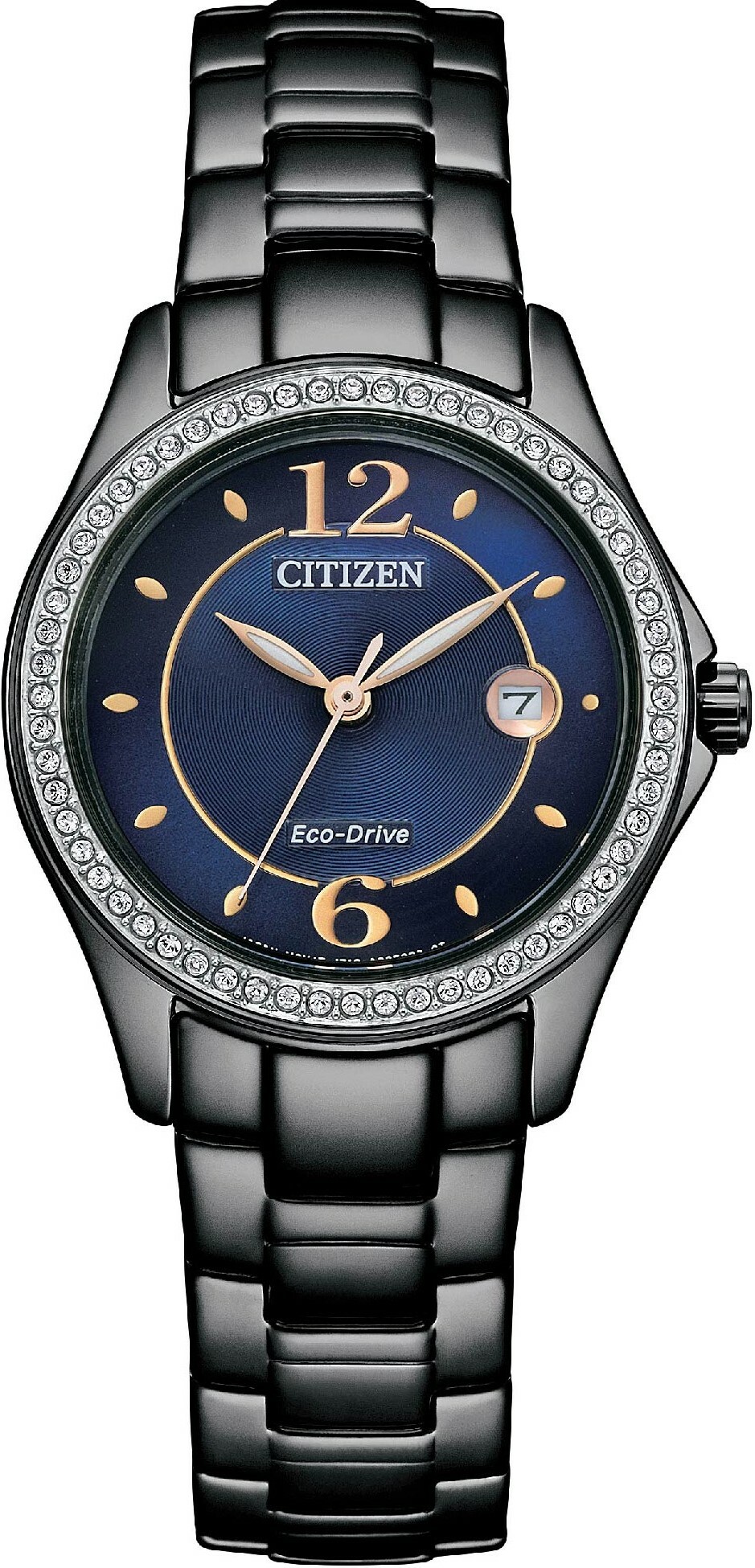 萬年鐘錶 - Citizen 星辰錶 全黑藍面晶鑽奢華光動能女錶  FE1255-84L  錶徑29.5MM