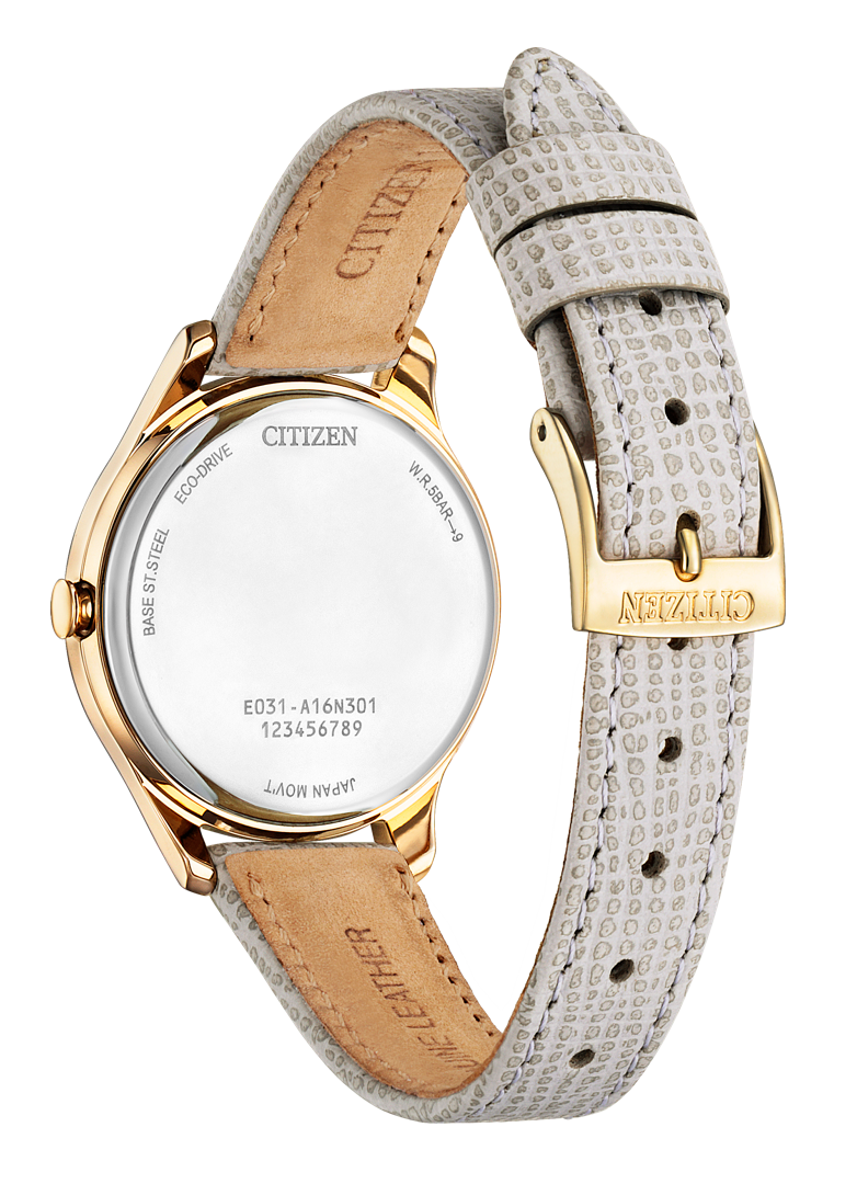 萬年鐘錶 - Citizen 星辰錶   幾何錶面優雅皮革錶帶光動能女錶   EM0509-10A  錶徑 32MM