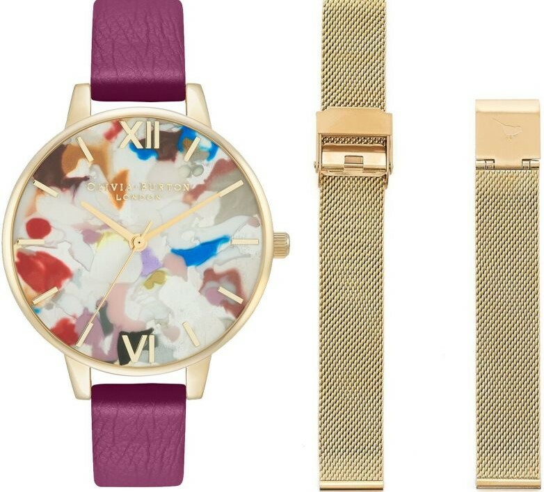 萬年鐘錶 -  Olivia Burton  藝術時尚 POP ART系列  金色錶殼絢麗幾何色彩普普風套組女錶 OBGSET153  錶徑34MM
