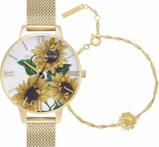 萬年鐘錶 -  Olivia Burton  藝術時尚  Sunflower Gift Set  向日葵腕錶手鏈限量女錶套組 OBGSET165 錶徑34MM
