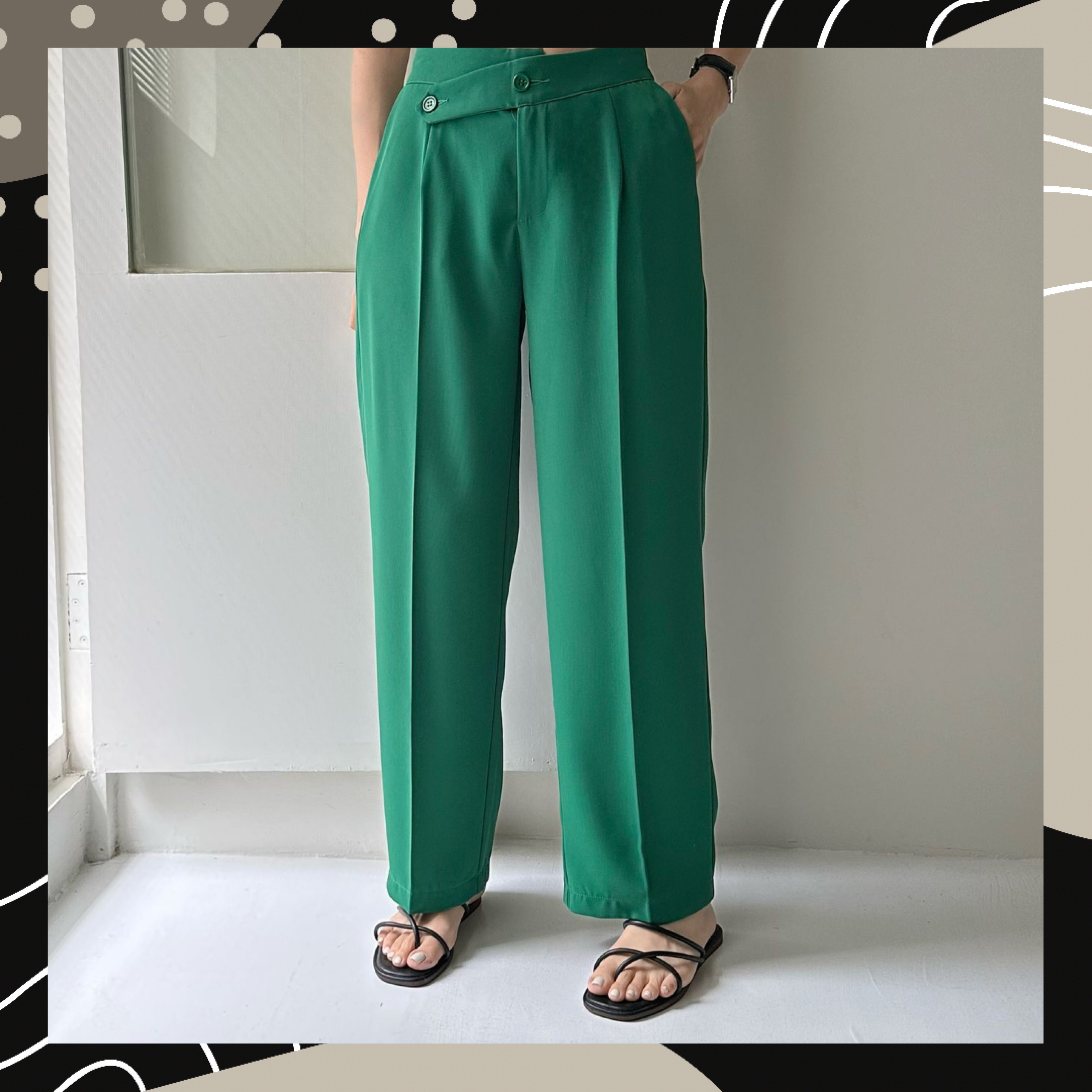 【BONNIE】後橡筋腰斜鈕扣西褲