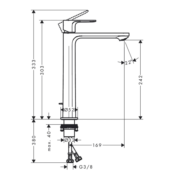 hansgrohe Rebris E 72591, -000 (72581, -000) Single Lever Tall Basin Mixer CoolStart EcoSmart with pop-up waste