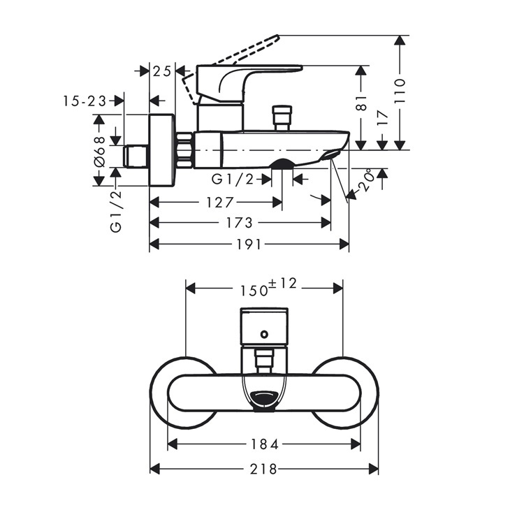 hansgrohe Rebris S 72440, -000 Single lever bath mixer for exposed installation - GA Approval