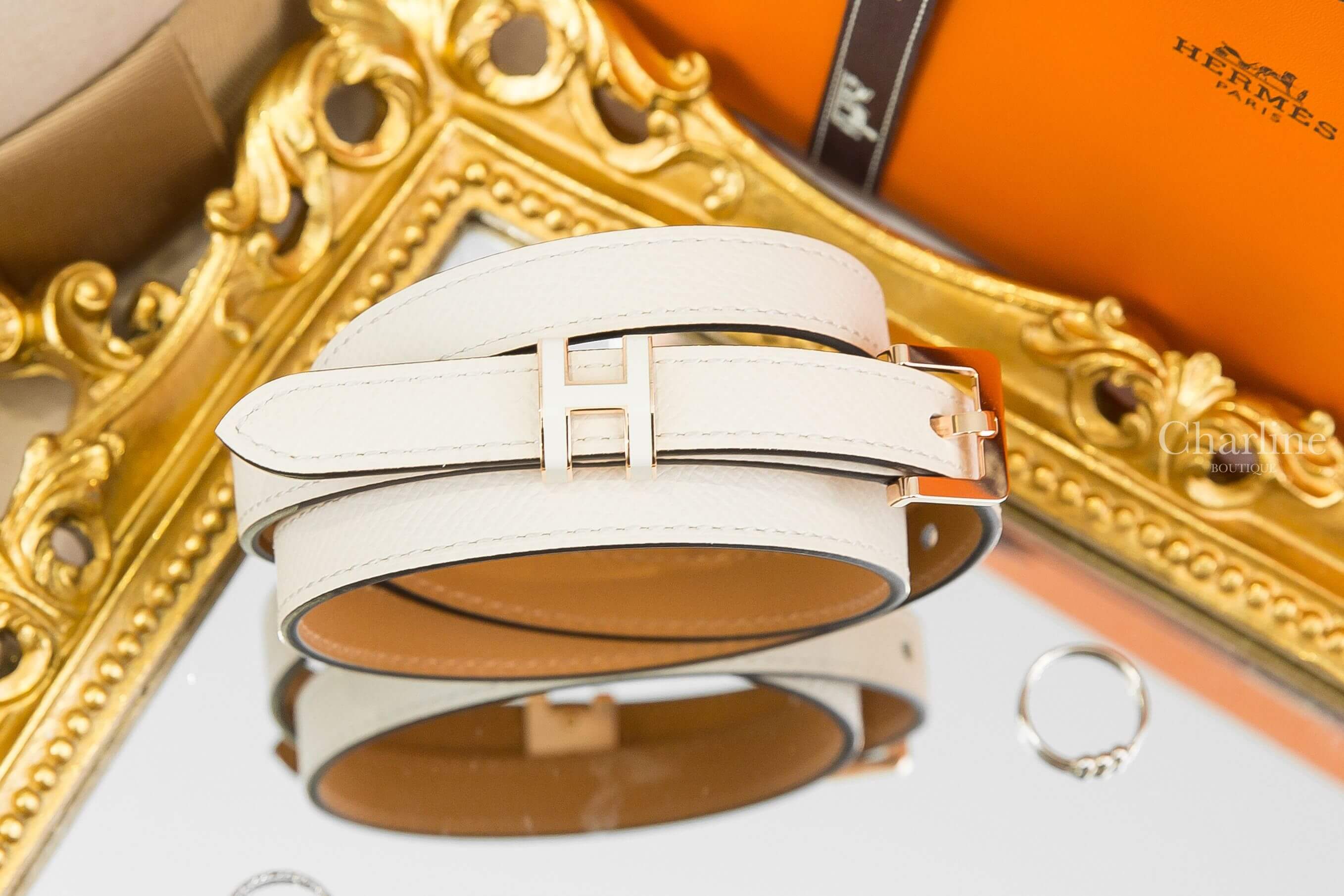 Hermès Pop H 15 Belt 奶昔白玫瑰金釦H皮帶