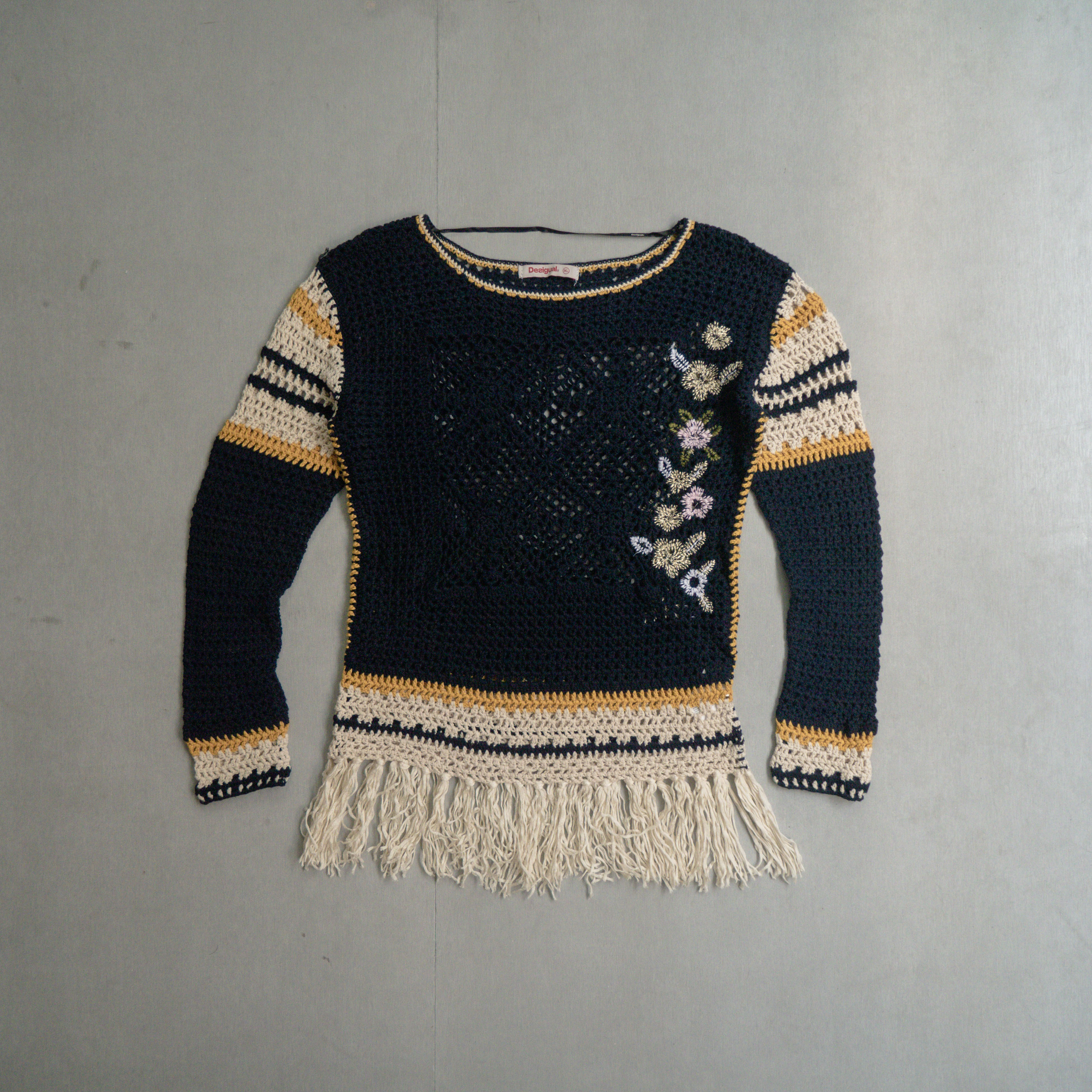 VINTAGE KNIT TOPS 深藍色 鉤針 長袖 長版 流蘇 刺繡 針織 上衣