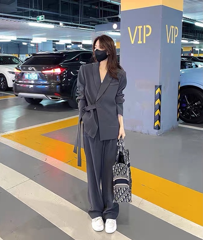 寬版綁帶西裝套裝(黑/粉/杏/灰)