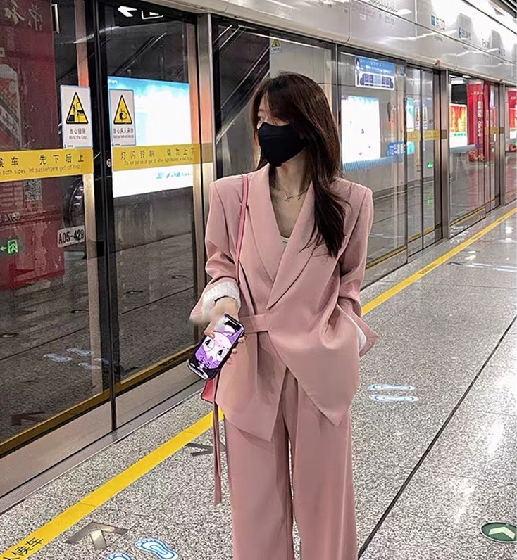 寬版綁帶西裝套裝(黑/粉/杏/灰)